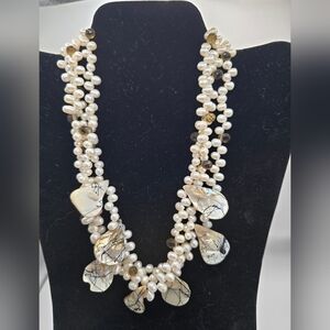 Stunning freshwater Baroque pearl necklace with shell pendants w black splatter